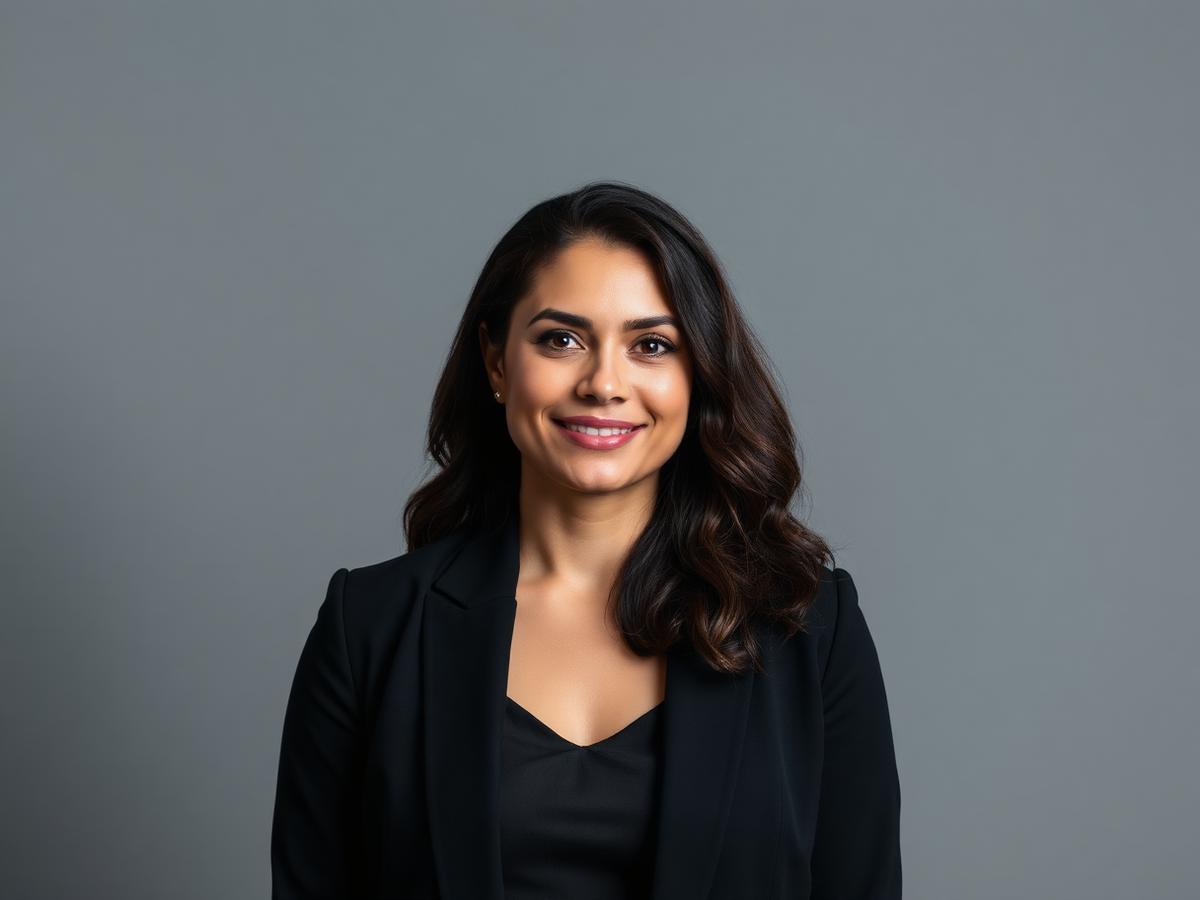 Corporate headshot against a grey studio backdrop