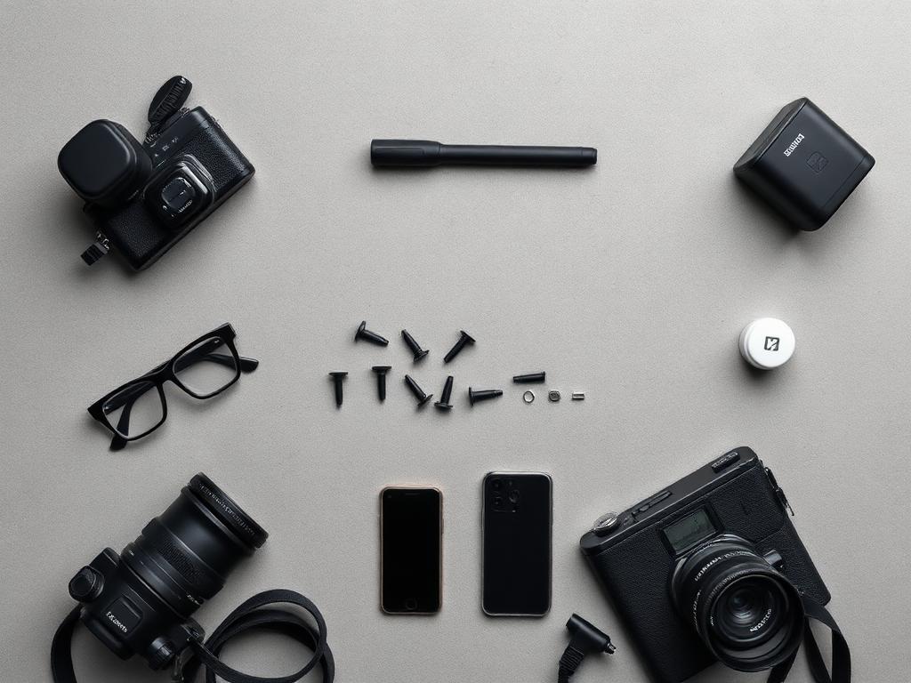 Grey surface flat lay with black accessories