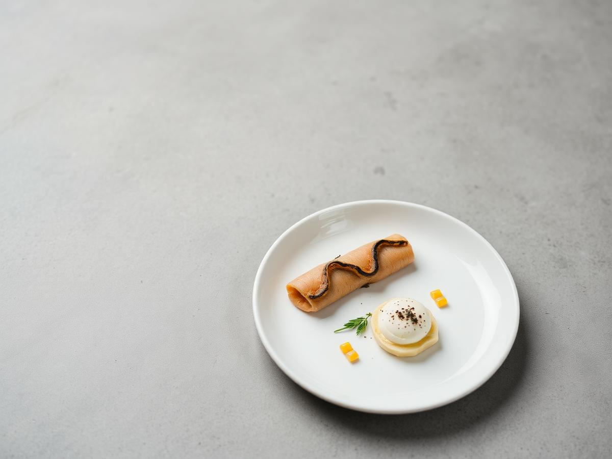 Plated modern dish on a grey concrete surface