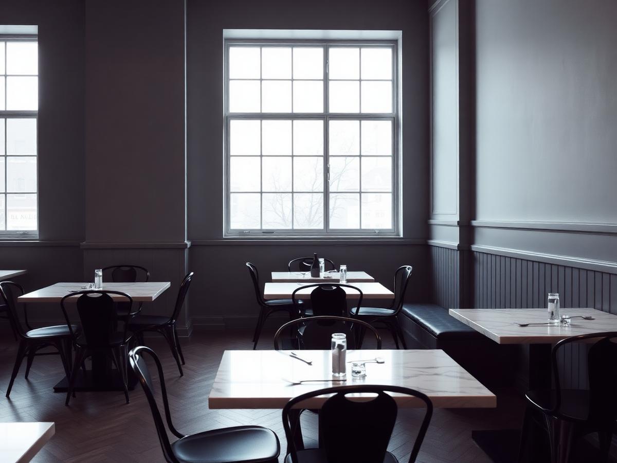 Minimal restaurant dining room with marble tables