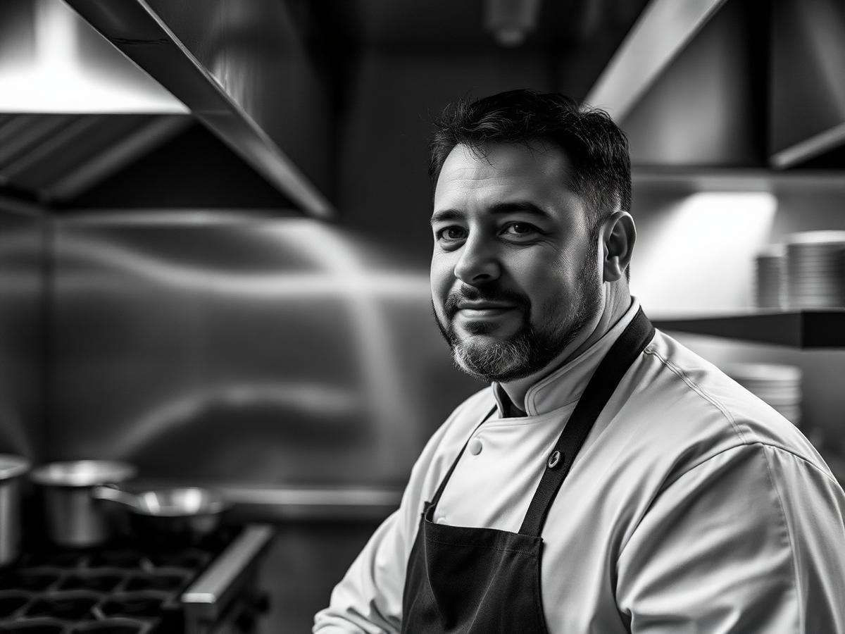 Chef portrait in a stainless steel kitchen